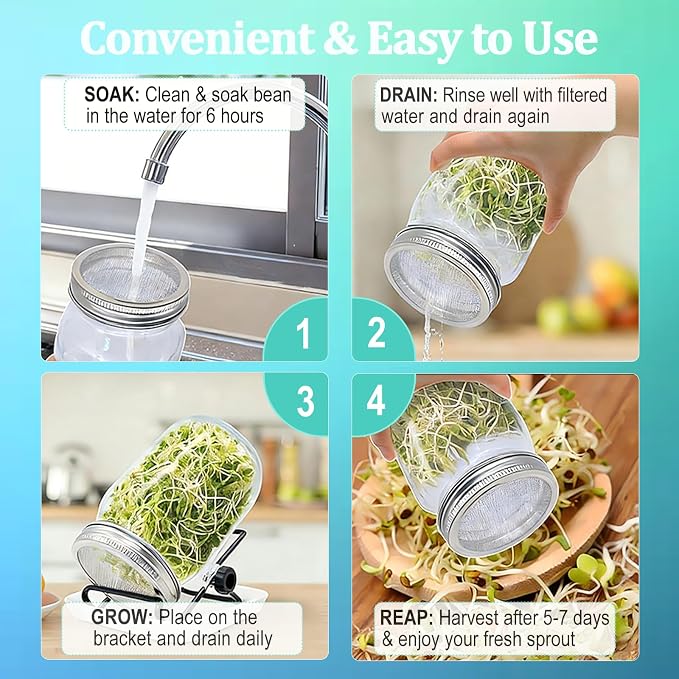 4 Pack Wide Mouth Sprouting Jar Kit, Lids, Stands, Trays & Cleaning Brushes | Glass Jar Set with with Stainless Steel Strainer Lids, Stand & Drip Tray (Seeds Not Included) – Easy to Rinse & Drain