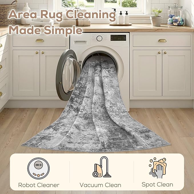 Nakagishi 12X15 Abstract Washable Area Rugs for Living Room-Grey | Modern Non-Slip Silicone Backing Low Pile Soft Carpet for Bedroom Dining Decor Ideal for Families with Kids and Pets