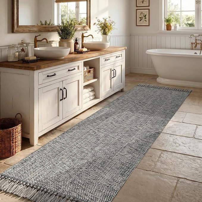 Boho Washable Kitchen Runner Rug, Farmhouse Hallway Rugs | 2.6' x 8' Modern Gray Bathroom Rugs, Hand Woven Low Profile Entry Hall Carpet for Laundry Bedroom Bedside PatioDecor