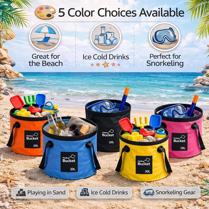 Tessco for you 6 Pcs Collapsible Bucket with Handle 5 Gallon Folding Water Container Lightweight Foldable Bucket Portable for Beach Outdoor Camping Hiking Traveling Kitchen, 5 Colors