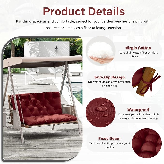 Porch Swing Cushion with Backrest,Waterproof Bench Cushion for Outdoor Furniture,2-3 Seater Replacement Thickened 5 in swing cushion,with Ties,Patio,Outdoor,Backyard and Garden (Burgundy,47x40 in)