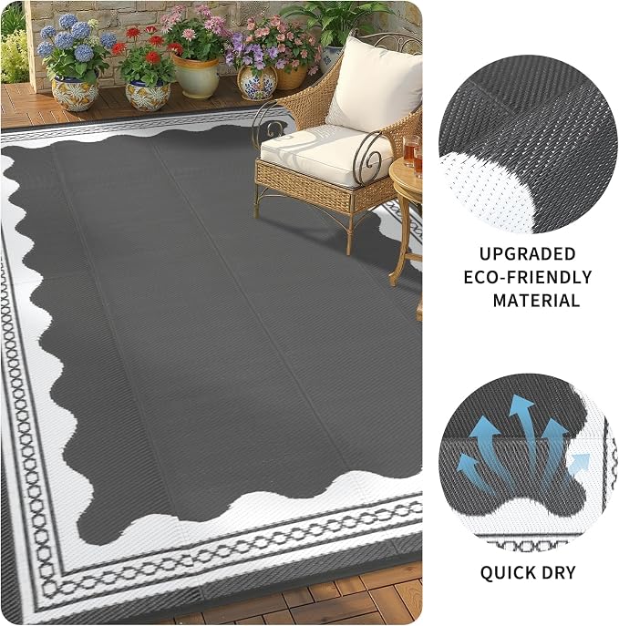 Garvee Outdoor Rug 9x12 Scalloped Waterproof Patio RV Outdoor Rugs Reversible Foldable Plastic Straw Rug Modern Camping Carpet for Deck Camper Porch Balcony Backyard Picnic Beach Grey