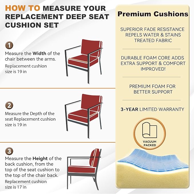 Deep Seat Patio Cushions Set 19 x 19 Inch,Olefin Fabric Outdoor Seat Cushion,Patio Furniture Cushions with Removable Cover,Rain-Proof and Fade Resistant Deep Seat Bottom & Back Cushion,1set