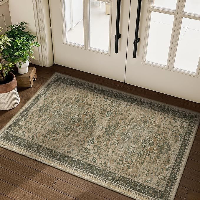 Moody 3x4 Rugs for Entryway Indoor, Distressed Medallion Door Mat Indoor Entrance, Washable Non Slip Low Pile Thin Small Carpet Rug for Kitchen/Bedroom/Bathroom/Laundry Room, Multi Brown/Olive
