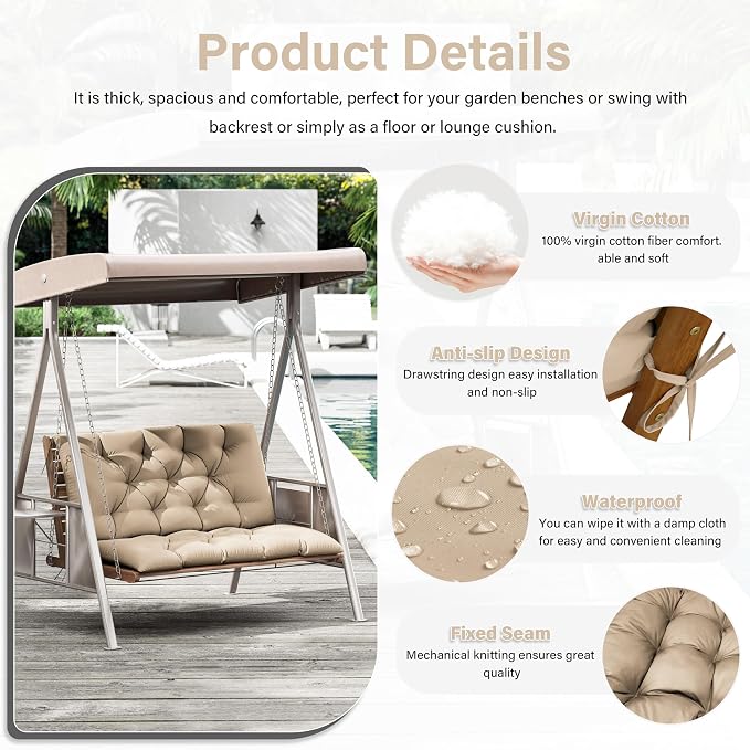 Porch Swing Cushion with Backrest,Waterproof Bench Cushion for Outdoor Furniture,2-3 Seater Replacement Thickened 5 in swing cushion,with Ties,Patio,Outdoor,Backyard and Garden (Sand,40x40 in)