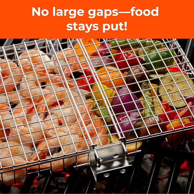 Stainless Steel Large Grill Basket with Easy Open/Close Lid and Removable Handle - 12.25 x 9.5 x 1.5 Inches - Includes Carry/Storage Bag