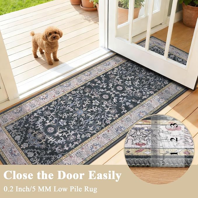 U'Artlines 2' x 6' Boho Hallway Runner Rug, Non Slip Runners, Dark Grey | Washable, Vintage Farmhouse Kitchen Rug, Accent Area Carpet, for Entryway Laundry and Living Room