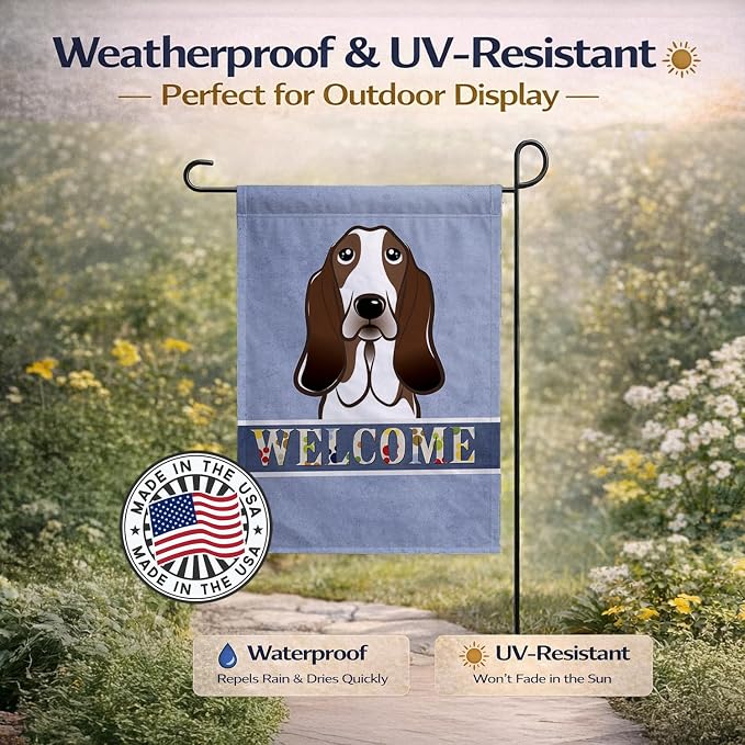 Caroline's Treasures BB1429GF Basset Hound Welcome Garden Flag, Blue Mailbox Flag Decorative Yard Flag Banner Outside Patio Artwork Yard Flower Beds, Garden Size, Multicolor
