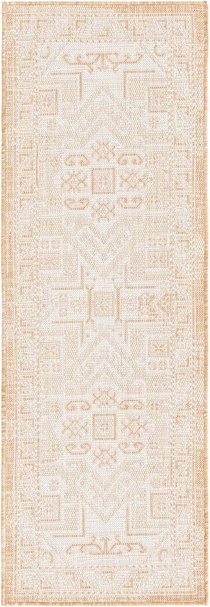 Unique Loom Outdoor Aztec Collection Area Rug - Coba (2' x 6' 1" Runner, Natural/ Ivory)
