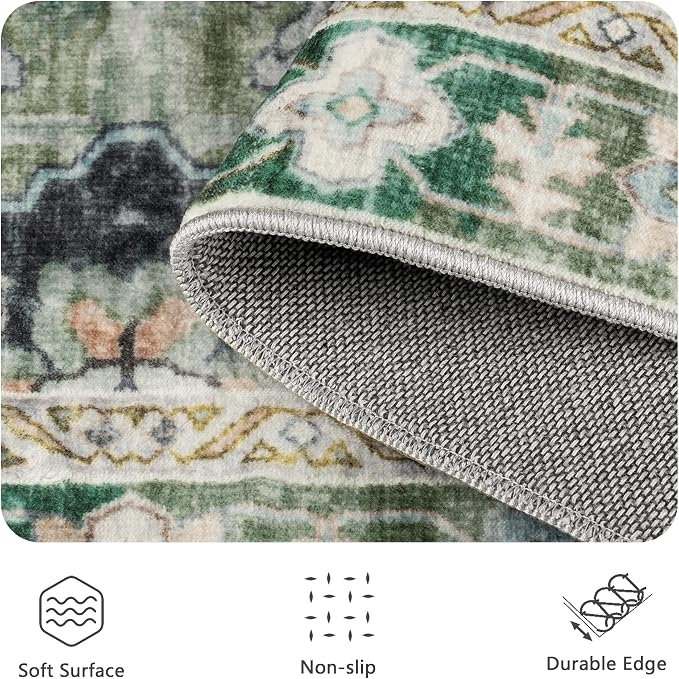 Washable Rug 6x9, Vintage Retro Soft Area Rug, Non-Slip Low Pile Rugs for Living Room, Bedroom, Dining Room, Stain Resistant Home Decor Rug (Green)