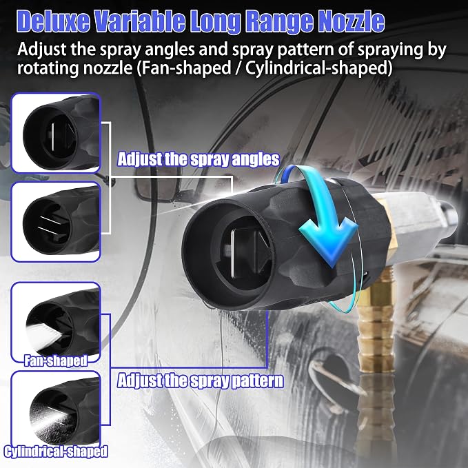 FIXFANS Adjustable Pressure Washer Long Range Nozzle, 15 FT Braid Hose, Downstream Injector Kit for High Power Washer, External Chemical Injection with 1/4 Inch Quick Connector, 2-2.5 GPM