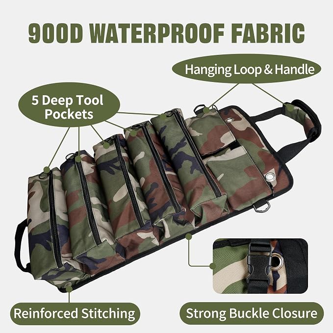 Portable Foldable Roll Up Tool Bag, Heavy Duty Tool Organizer Bag with 5 Compartments & 2 Detachable Pouches for Tools Storage, Waterproof Tool Roll Bag for Dad Men Electrician Gifts