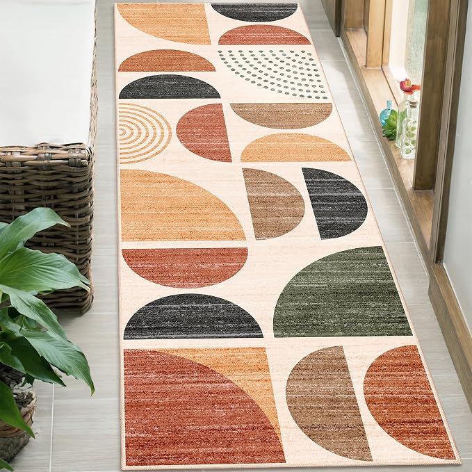 Boho Runner Rug Washable,2x6 Area Rugs Non Slip Modern Abstract | Long Throw Carpet for Hallways Kitchen Bathroom Bedroom Entryway Bedside Laundry Soft Low Pile Indoor Bohemian Terracotta