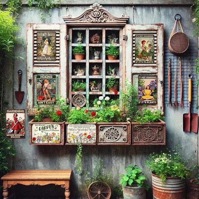 Funny Garden Metal Signs Decorative Outdoor 5 Pack Greenhouse Decorations Gardening Decor For Women Yard Tin Signs Green House Accessories For Outside Garden Sign Gardening Gifts 8x12 In