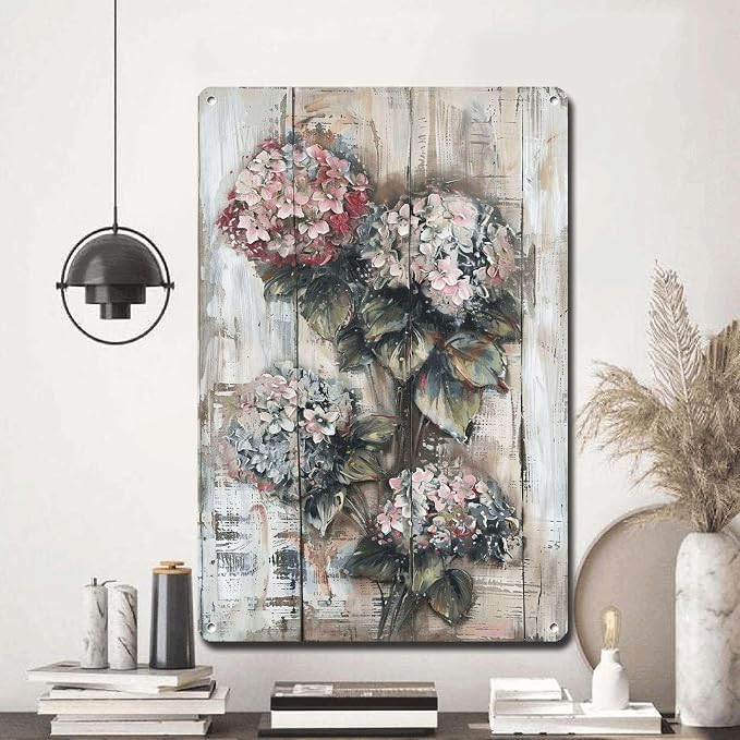 Metal Sign Tin Sign Vintage Wall Art Antique Opulence Hydrangea Tin Sign for Shabby Chic Interiors Rustic Elegance and Corrosion Resis Signs for Garden for Club 8×12 Inches