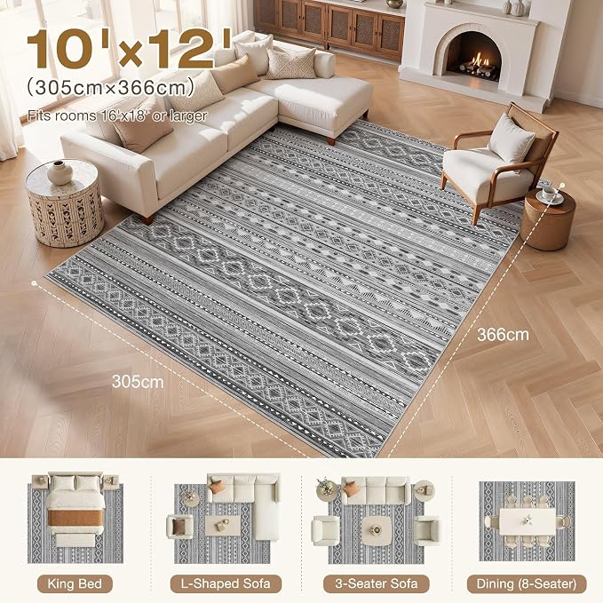 cotiled 10x12 Area Rugs Washable Boho Living Room Rug Beige Grey | Solve Modern Neutral Trendy Home Decor - Stain Resistan Carpet for Bedroom Farmhouse Beige Grey