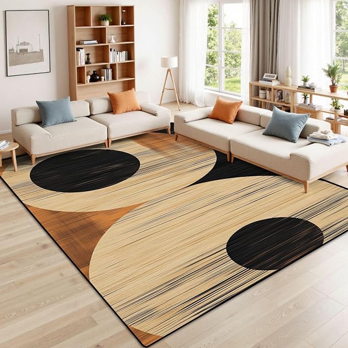 8x10 Area Rugs for Living Room Mid Century Boho Modern Geometric Black Brown Bohemian Abstract Half Washable Large Area Rug for Bedroom Non Slip Outdoor Carpets Soft Mats Kitchen Home Office Decor