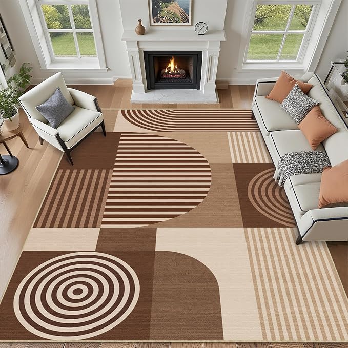 8x10 Area Rug for Living Room Brown Geometric Rug Machine Washable Minimalist Line Mid Century Modern Area Rugs Non Slip Low Pile Large Dining Room Indoor Floor Carpet for Bedroom Kitchen Office,Brown