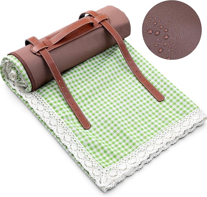 VitalCozy Waterproof Picnic Blankets 59 x 78in Outdoor Blanket Foldable 2 in 1 Double Layer Sandproof Beach Mat with Carry Strap for Camping Lawn Park Beach Grass (Green White)