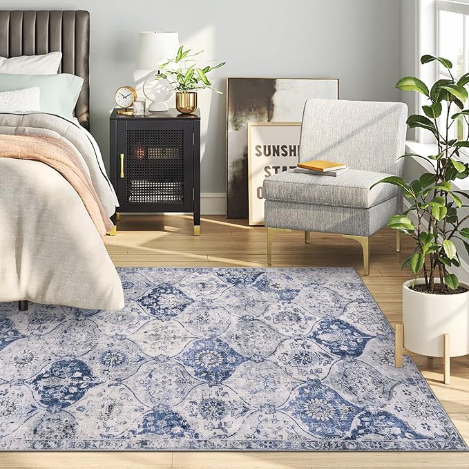 Lahome Moroccan Washable Small Area Rug, 3x5 Rugs for Bedroom Living Room | Trellis Non-Slip Oriental Throw Carpet for Kitchen Office Entryway Bathroom Office Elise White/Royal, Blue