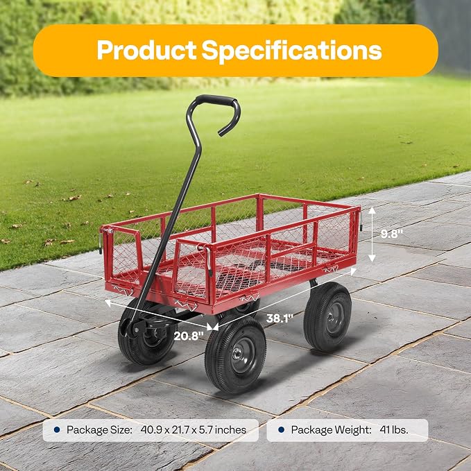 VIVOHOME Heavy Duty 880 Lbs 4.5 Cu Ft Mesh Steel Garden Cart Utility Wagon | Removable Sides and 4.10/3.50-4" Wheels 10 inch Tire(Red)