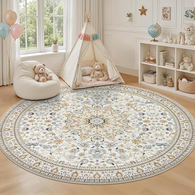 Round Area Rug for Living Room: 4ft Washable Rug for Bedroom Beige | Vintage Boho Soft Round Rug Indoor Floor No Slip Carpet Stain Resistant Rugs for Bedroom Dining Room Nursery Home Office