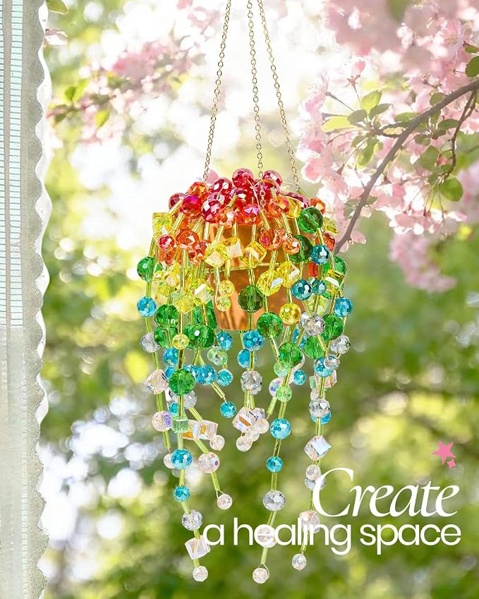 Beaded Plant Kit, Real Crystal Suncatcher Craft Kit with Tutorials | Suncatcher Craft Kit with Pot, Chain, Faux Moss, Air Dry Clay, Instruction Booklet & Video Tutorial