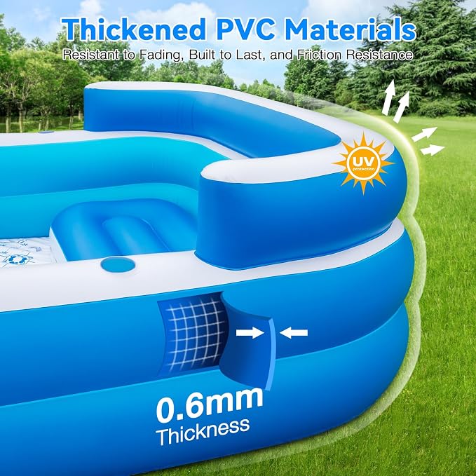 Extra Large Inflatable Pool with Seats Pump, 120"x85"x26" Blow Up Pool Thickened Heavy Duty Family Full-Sized Swimming Pool for Adults, Inflatable Pools for Backyard Garden Summer Water Party