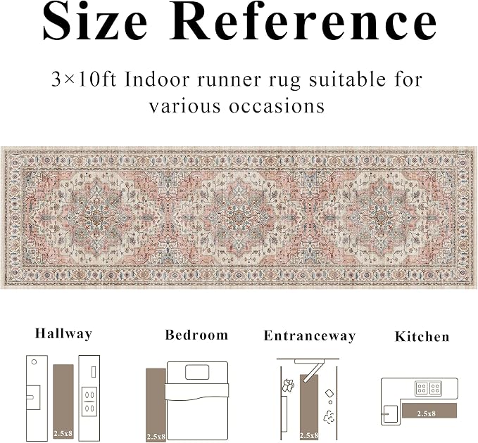 3x10 Vintage Runner Rug Low Pile Non-Slip Washable Hallway Rug | Retro Distressed Print Rug Non-Shedding Beige Pink Carpet Stain Resistant Long Rug for Hallway Kitchen Bedroom Laundry Room
