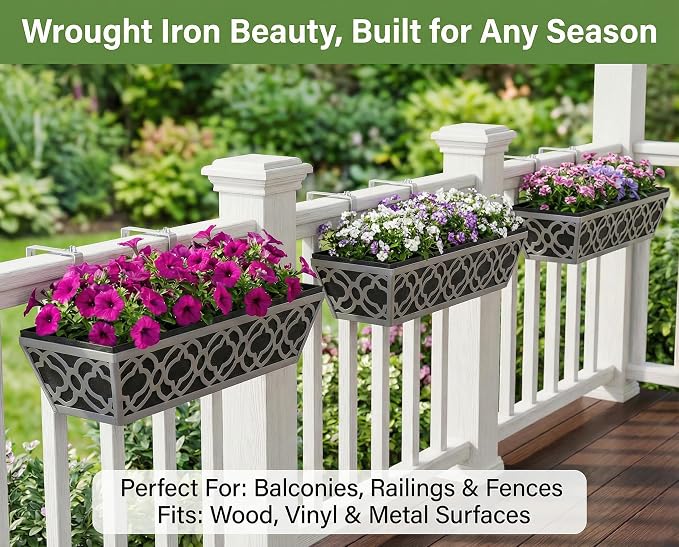 Y&M 24'' Railing Planter Box Set with Black Non-Woven Liner, Gray Metal Large Hanging Flower Boxes with Adjustable Brackets for Fence, Deck, Balcony, and Garden - 4 Pcs