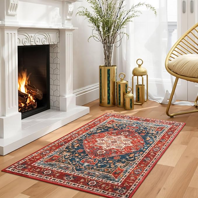 YJ.GWL Area Rug 2x3 Floral Vintage Rugs, Indoor Entrance Door Mat Small Washable Rugs, Non Slip Carpet for Living Room Entryway Kitchen, Orange-Red