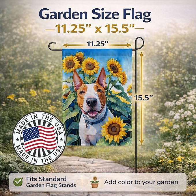 Caroline's Treasures DAC6070GF English Bull Terrier in Sunflowers Garden Flag Mailbox Flag Decorative Yard Flag Banner Outside Patio Artwork Yard Flower Beds, Garden Size, Multicolor