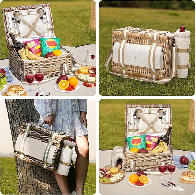 G GOOD GAIN Picnic Basket for 2-19Pcs Wicker Picnic Set with Waterproof Blanket & Wine Bag| Large Picnic Hamper with Insulated Cooler & Cutlery Kit for Couples Camping,White Flower