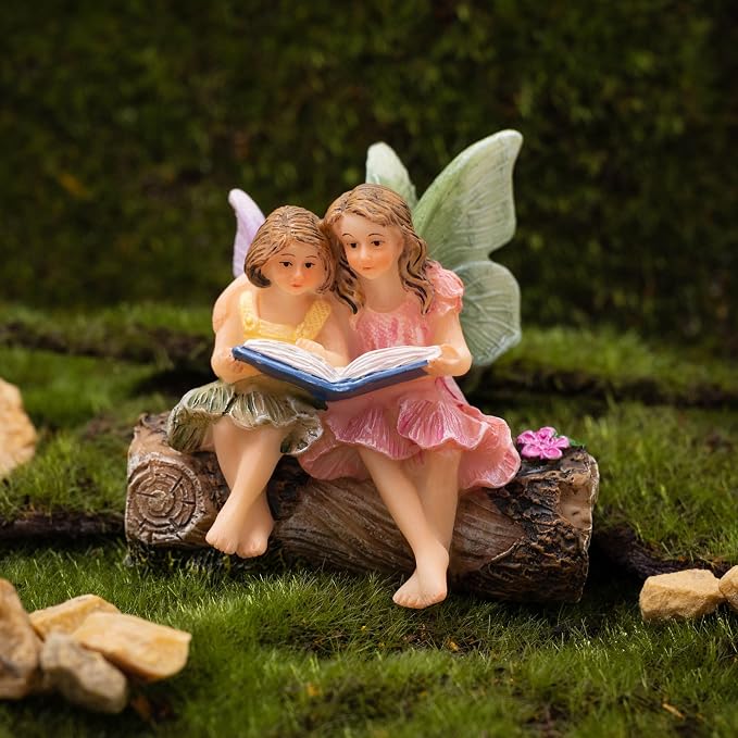 PRETMANNS Fairies for Fairy Garden Accessories Outdoor Indoor Miniature Garden Figurines Hand-Painted Resin Fairy Figures Set 2 Sitting Sisters Fairy Buddies | Hand-Painted Resin Ornament Figurines, Outdoor or Indoor Miniature Garden, Adorable Design