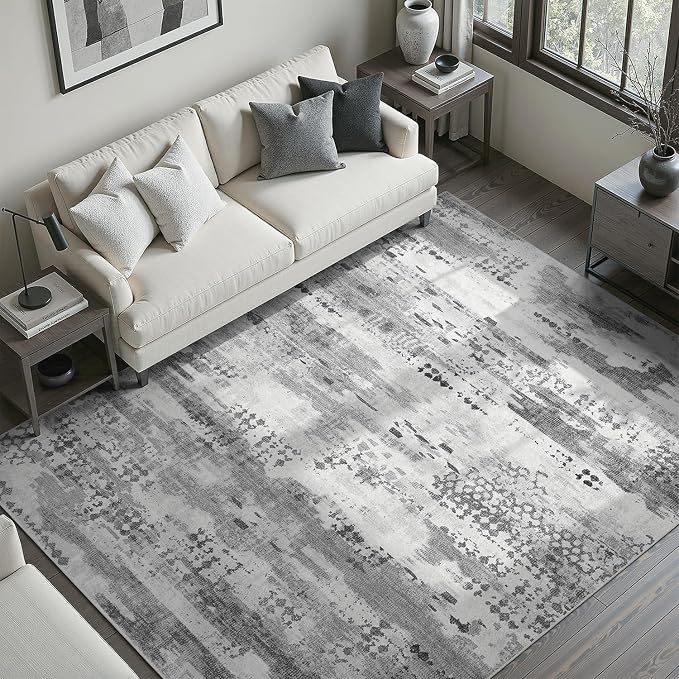 DCX Washable Abstract Area Rug 5x7, Non Slip Low Pile Rug, Gray | Easy to clean, non-shedding, soft, kid & pet friendly, with a non-slip rubber backing for living rooms, bedrooms, and offices