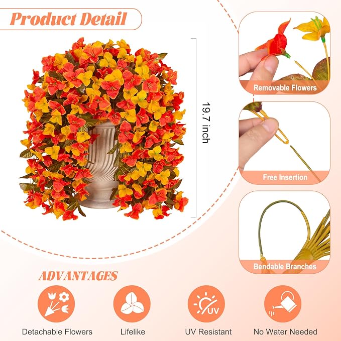 INXUGAO 2 pcs Artificial Faux Bougainvillea Fall Flowers Plants for Outdoor Outside Decoration, Fake Silk UV Resistant Long Trailing Vines for Front Door Porch Planter Balcony Decor