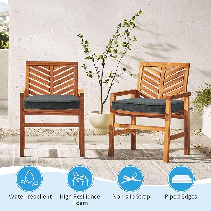 17 x 16 Inch Outdoor Chair Cushions with Tie Straps, Set of 4 Thick Water Repellent Round Patio Chair Pads for Garden Lawn Patio Furniture, Grey Linen Stripe