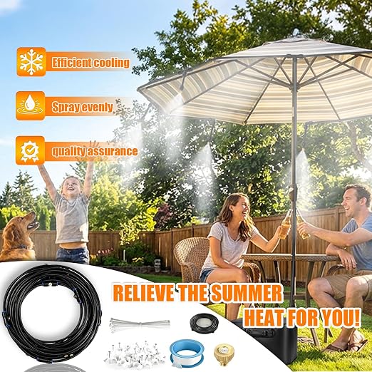 Misters for Outside Patio 30FT/9M, Pre-Assembled Misting Cooling System with 8 Brass Nozzles & 3/4" Adapter, Outdoor Mister for Backyard, Garden, Trampoline Sprinkler, BBQ Party Accessories