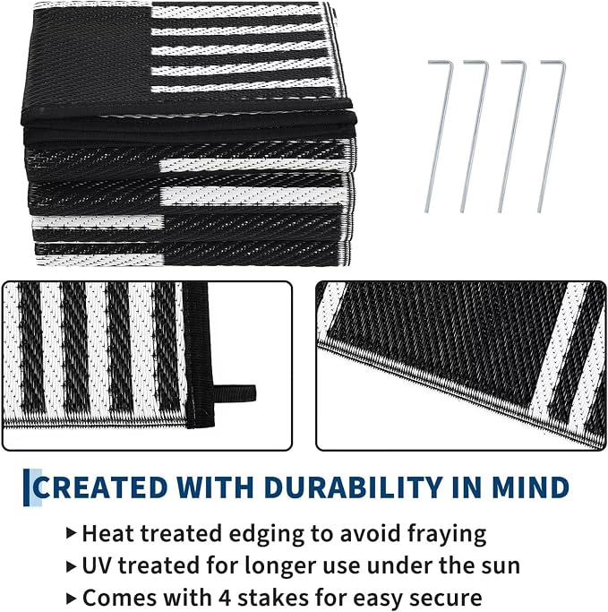 Garvee Waterproof Outdoor Rug 9x12, Checkered Foldable Plastic Straw Patio Camping Rug, Outdoor RV Carpet for Deck Camper Porch Balcony Backyard Picnic Beach Black and White