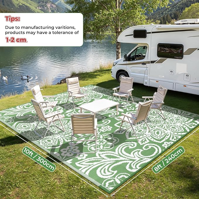 Findosom Waterproof Outdoor Rug 8' x 10' - Reversible Mandala Outdoor Plastic Straw Rug, Durable Foldable Patio Rug for RV, Deck, Balcony, Backyard, Picnic, Porch, Camping, Beach, Green