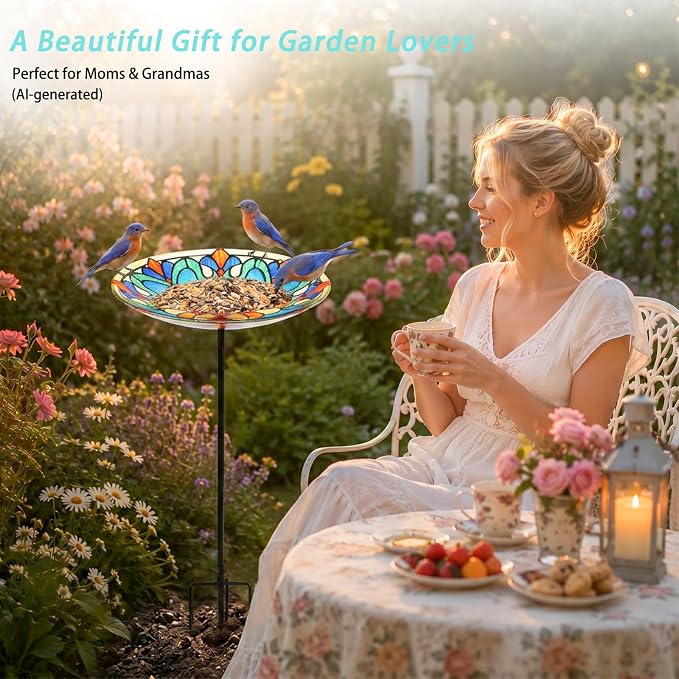 MUMTOP Bird Baths for Outdoors, Glass Birdbath Birdfeeder Bowl with Metal Stake for Outside Garden Yard Lawn Tiffany Style Decor