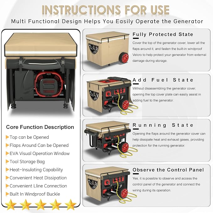 2025 Upgrade, Generator Covers While Running, 900D+210D Double Layer Production, Heavy Duty Dustproof and Waterproof Generator Covers, for 5000W-10000W Frame Generators, khaki, with Storage Bag