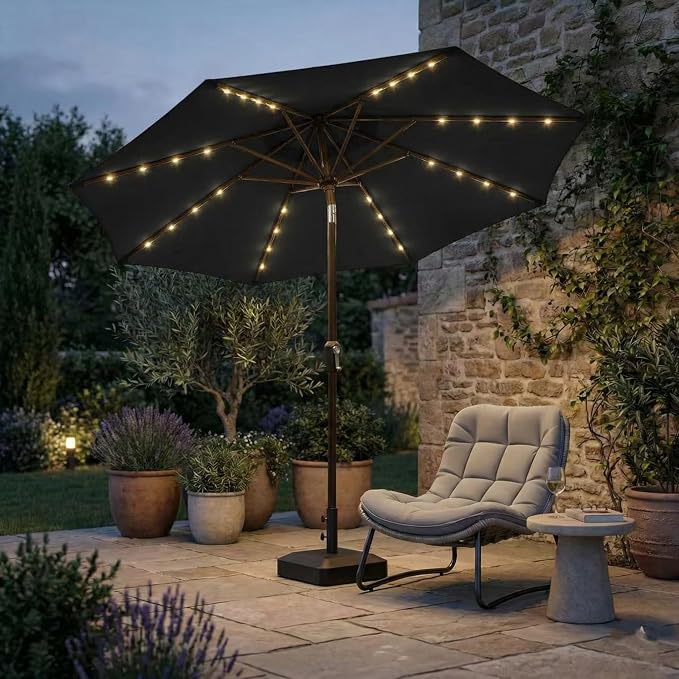 Kingdura 10FT Outdoor Patio Umbrella with Solar Lights, Market Table Umbrella with Push Button Tilt & Crank, 8 Sturdy Ribs, 32 LED Lights, UV Protection for Garden Lawn Deck Backyard Pool (Black)