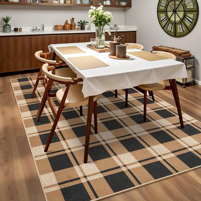 Checkered 6x9 Area Rugs, Jute Rug for Indoor Outdoor, Black/Brown | Washable Jute Area Rug With Non-Slip Backing, Low-Pile Texture, Farmhouse Geometric Pattern In Neutral Brown/Black, Durable