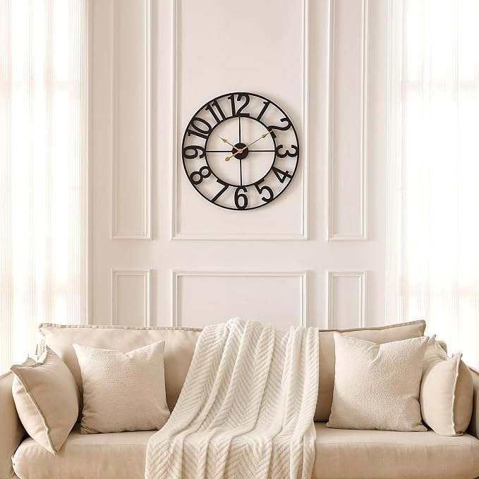 Wall Clocks for Living Room Decor, Large Wall Clock Silent Battery Operated, Rustic Industrial Farmhouse Black Metal Wall Clocks for Kitchen, Bedroom, Dining Room-24 in
