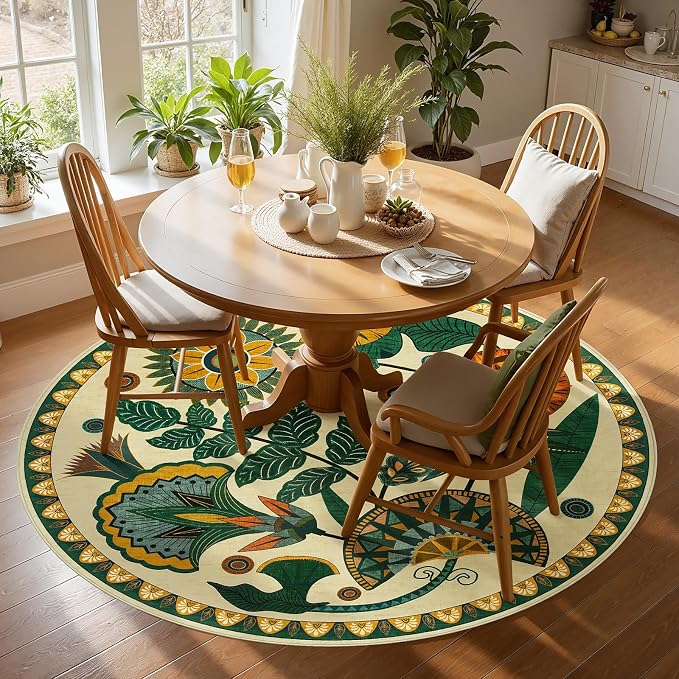 Joydeco Egypt Floral Boho Round Rugs 5FT for Bedroom Playroom Living Room | Boho Colorful Circle Non Slip Stain Resistant Flower Indoor Carpet for Dining Room Nursery Entryway Guest Room Kitchen, Beige