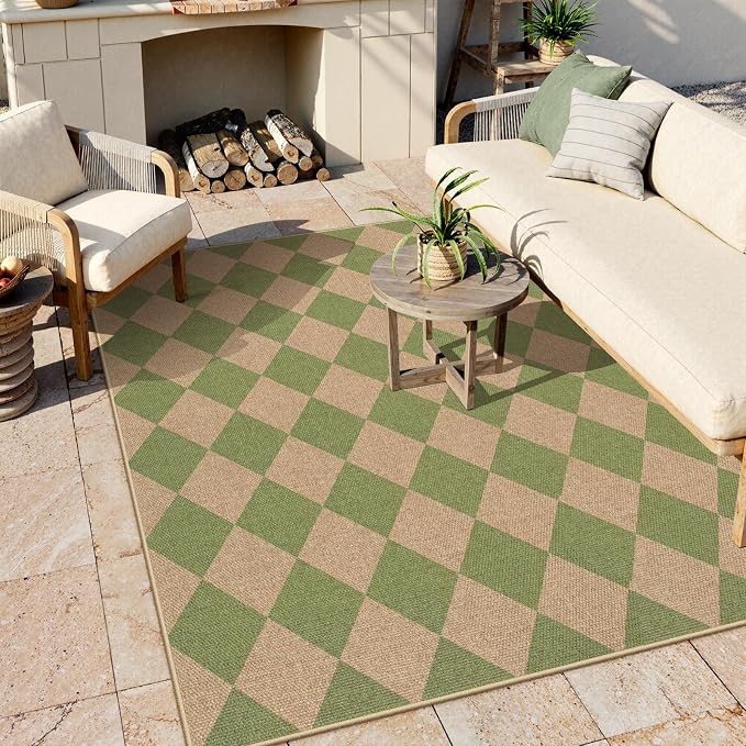 Lahome Colette Checkered Washable Rugs 5x7, Green Area Rug Neutral Large Outdoor Patio Living Room Rug, Farmhouse Non Slip Non Shedding Floor Carpet for Courtyard Camping