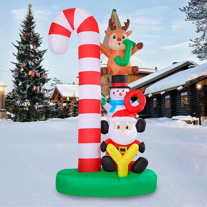 MUMTOP Christmas Inflatable Outdoor Decoration, 7.8 FT Candy Cane Christmas Inflatables with Joy Sign, Elk, Snowman and Santa Blow Up Lighted Holiday Displays for Garden Yard Outside Winter Decor