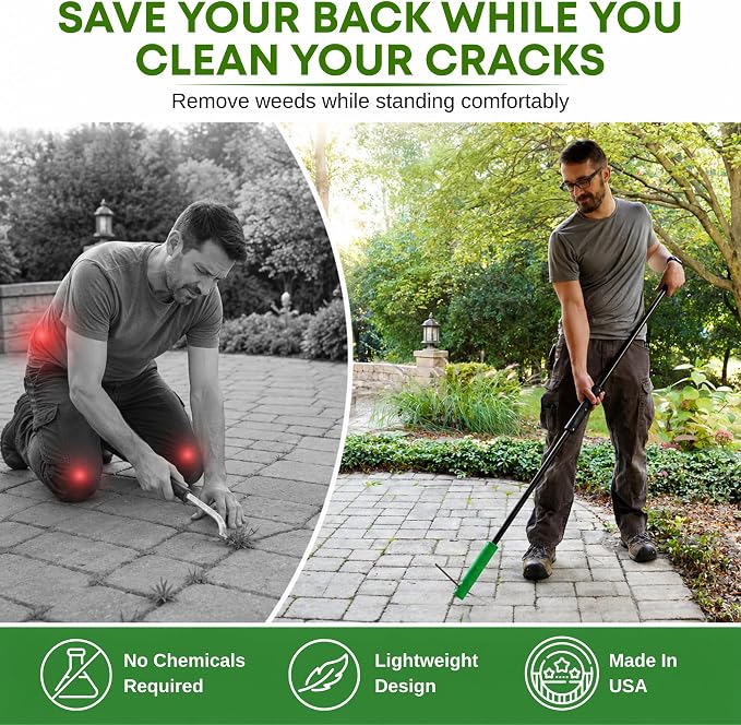 BICRACKIE Stand-Up Crack Weeding Tool with 60" Steel Pole; Steel Blade with 2-Sized, 5" Tapered Ends for Driveways, Patios, Sidewalks, Pavers to Remove Weeds Easily; Made in USA