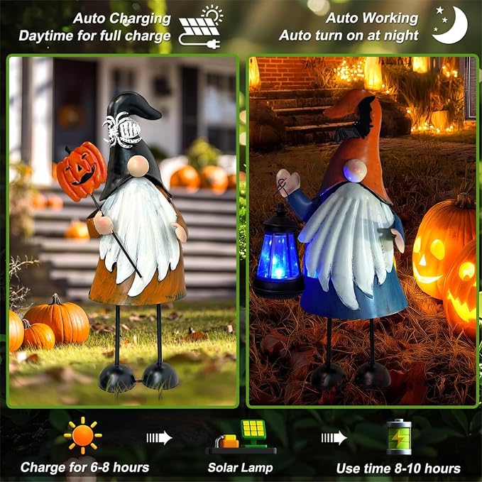 Halloween Decorations Outdoor Solar Gnomes with LED Lantern, Gnomes Metal Yard Art Halloween Outdoor Decor Patio Holiday Gardening Gifts for Mom Women